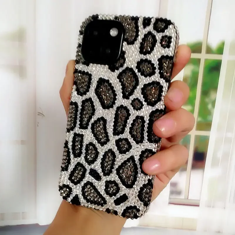 Bling Bling Grey Leopard Print Rhinestone All Inclusive Phone Case for iPhone 15 Pro Max 14 13 12 11 Xsmax Xr Full Soft Cover