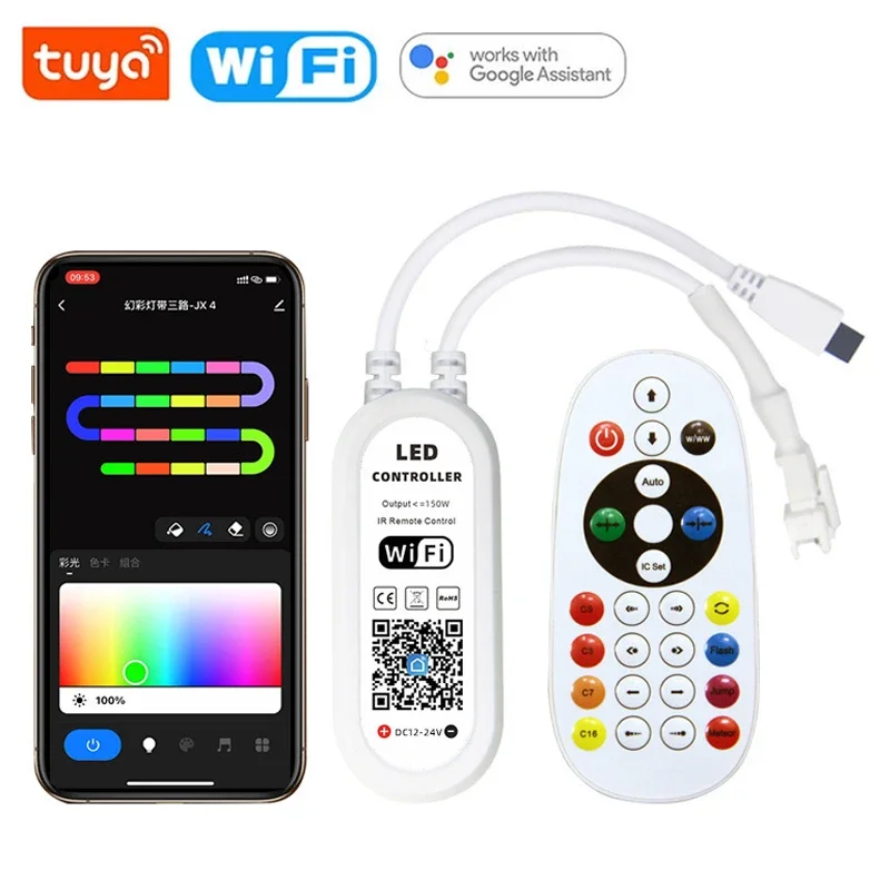 Tuya Wifi COB LED Strip DC24V RGBIC Strip Light 720Leds/m RGB LED Addressable Dream Color Remote Control Voice for Alexa Google