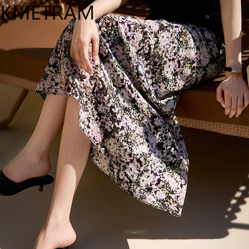 KMETRAM 100% Natural Mulberry Silk Women's Skirts Floral Midi Skirt Flowy Vacation Summer Skirts 2026 Woman Clothes юбка женская