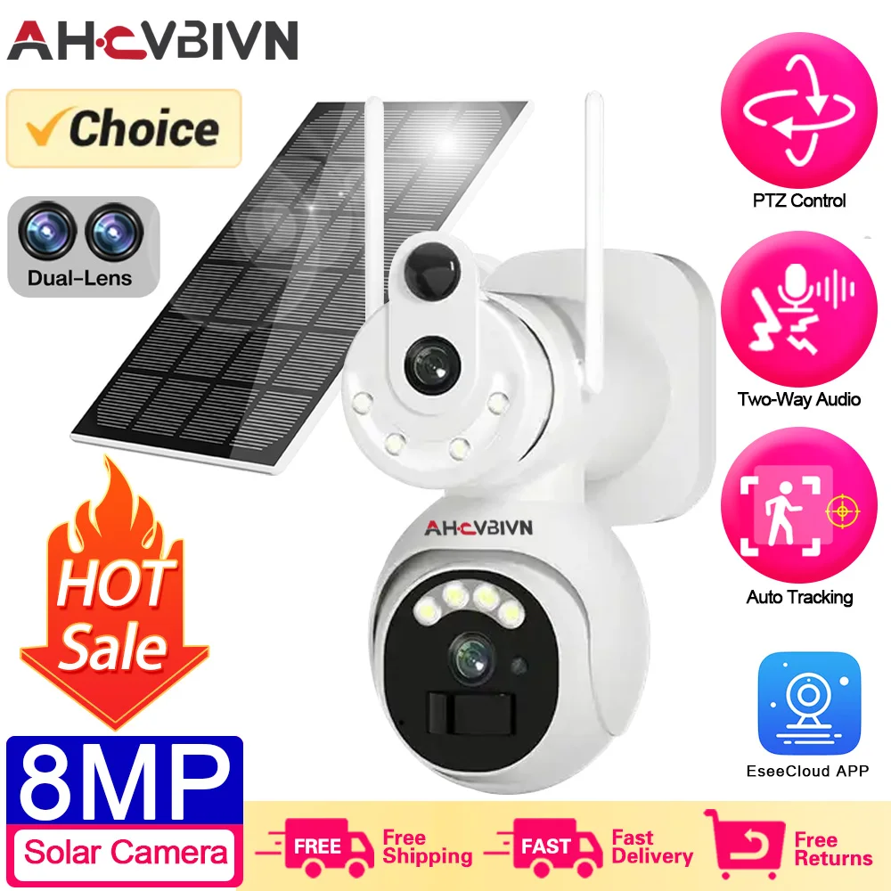 

4K 8MP Dual Lens Solar Camera Outdoor Security WiFi Surveillance Cameras With Solar Panel Human Detection PTZ CCTV Audio Camera
