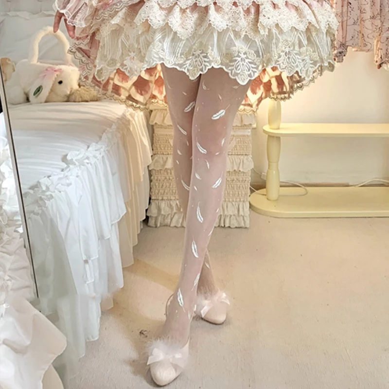 Weiße transparente Strumpfhosen Süße Lolita Tattoo Strümpfe Rose Blumen/Schmetterlinge/Federn Anime Y2K Mädchen Sexy Stretch Strumpfhosen