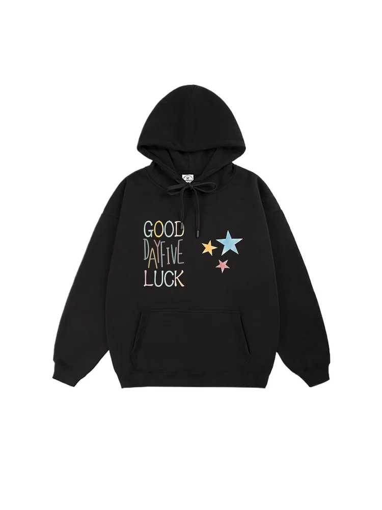 Otoño Invierno americano Retro Color sólido Top juventud Casual deportes colorido Lucky Star moda suelta cómoda suave Sudadera con capucha
