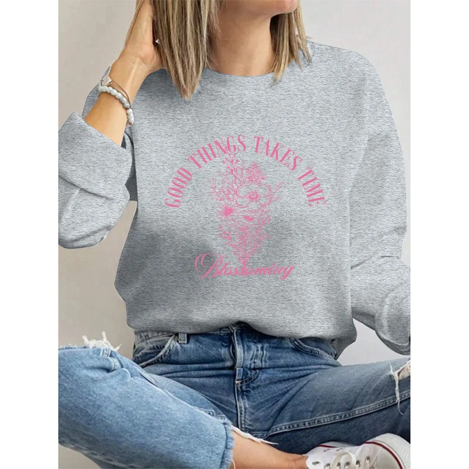 

Women's Sweater O Neck Sweatshirts Velvet Winter Casual Floral Print Long-sleeved Pullovers Autumn Woman Clothes 2025