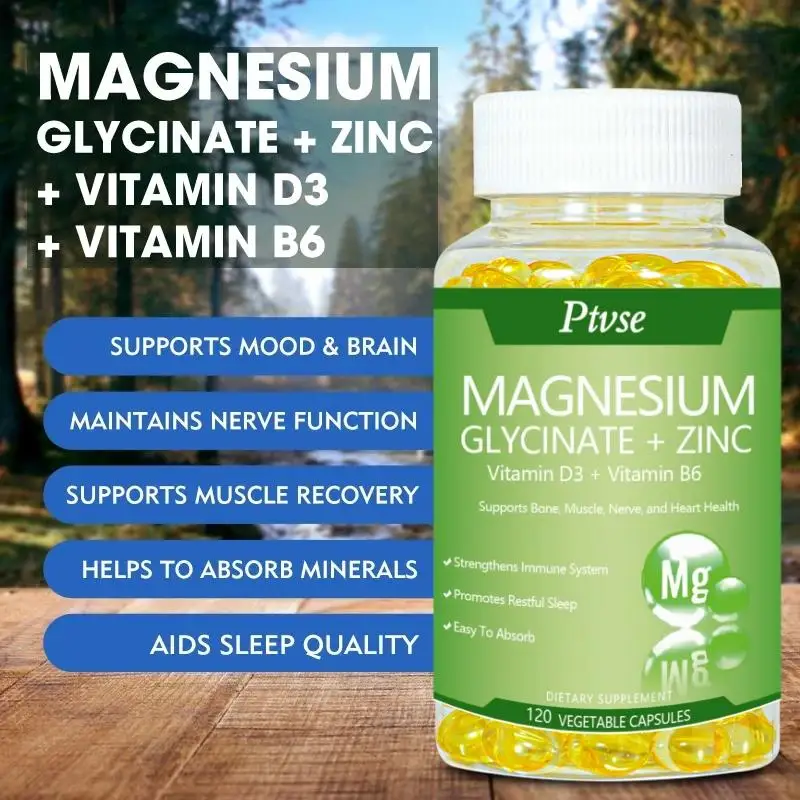 Magnesiumglycinaat 500Mg Capsules Hoge Absorptie Met Zink, Vitamine D3 B6 Ondersteunen Dietery Supplement Stress & Angst Verlichting