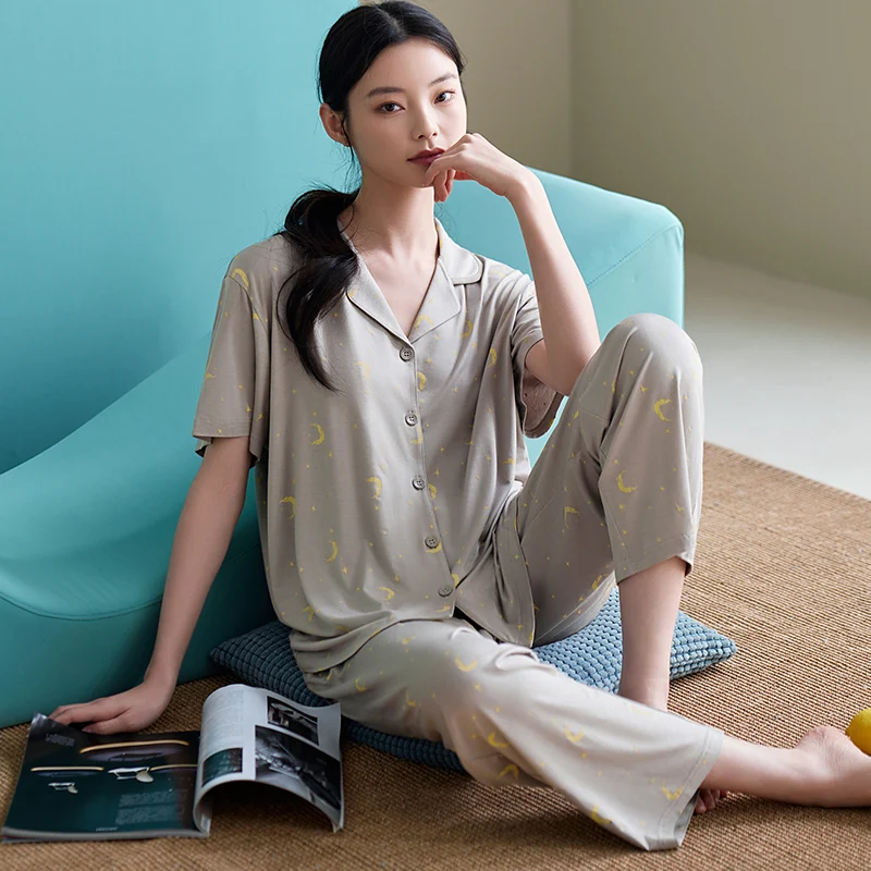 

Pyjamas women home wear spring summer short sleeved pajamas ladies geometry comfortable modal pjs women new leisure clothes set