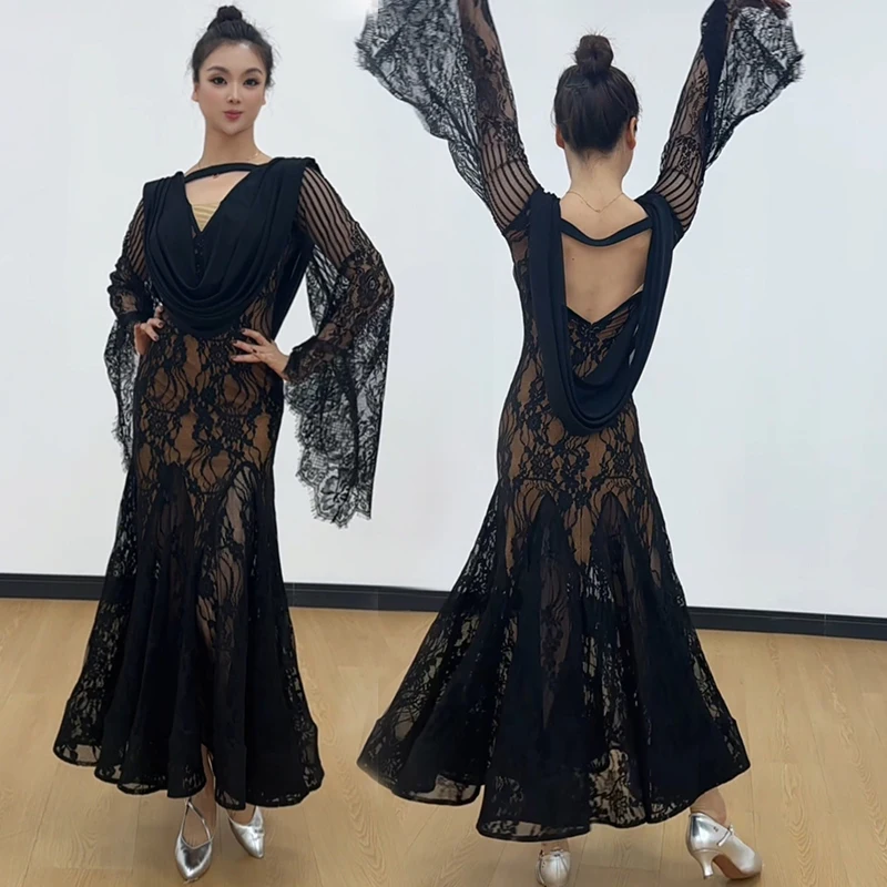 

Black Lace Ballroom Dance Dress Women Standard Modern Dancing Outfit Tango Performance Stage Wear Ballroom Practice Dress 3209