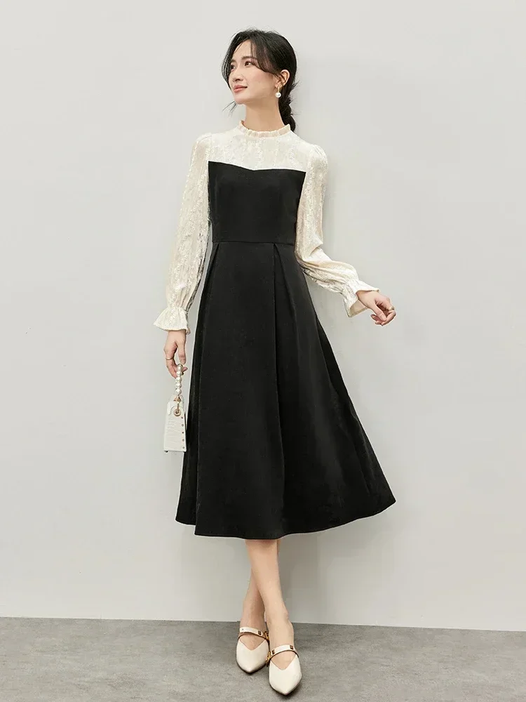 

SENTUBILA Corduroy Dresses Spring Women 2025 Elegant Patchwork Embroidery Stand Collar Puff Sleeve Fitted Midi Dresses 144L57212