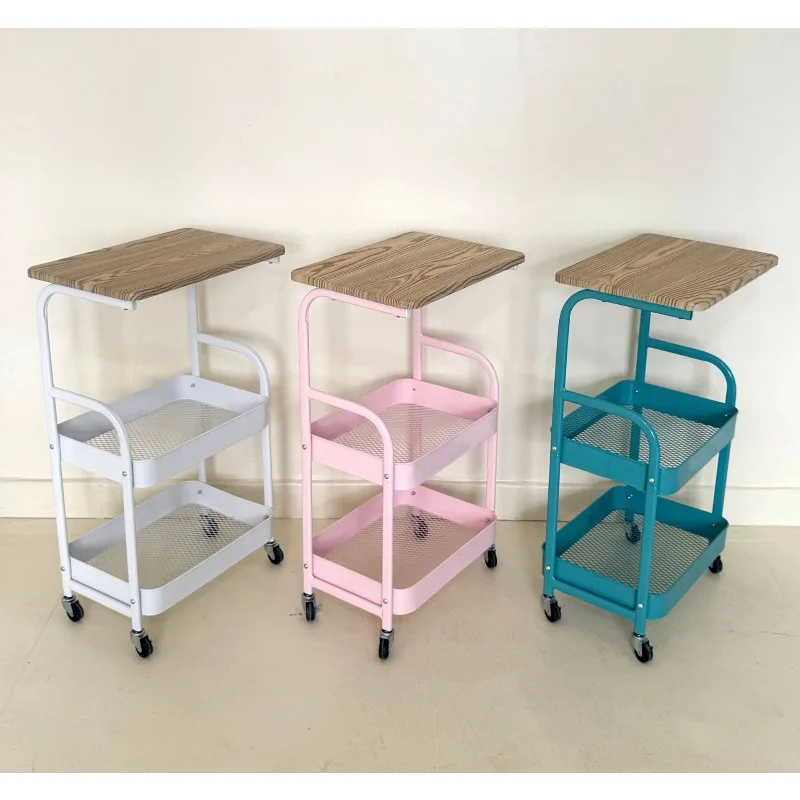 Movable Double Shelf Household Living Room Trolley Bedroom Bedside Small Table with Wheel Storage Rack