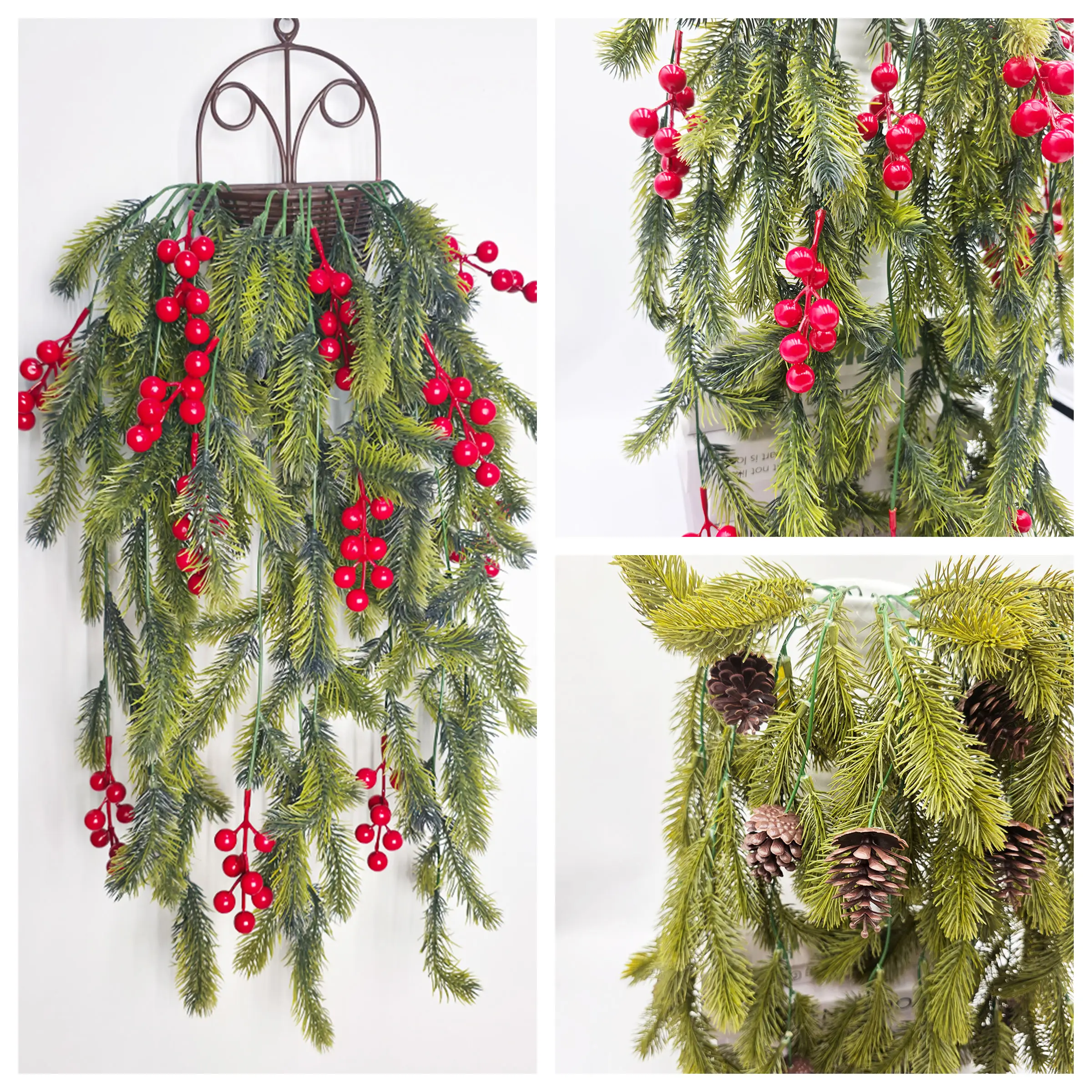 Ghirlanda di piante verdi di pino artificiale con coni e bacche rosse per decorazioni natalizie per manto da appendere per le vacanze invernali