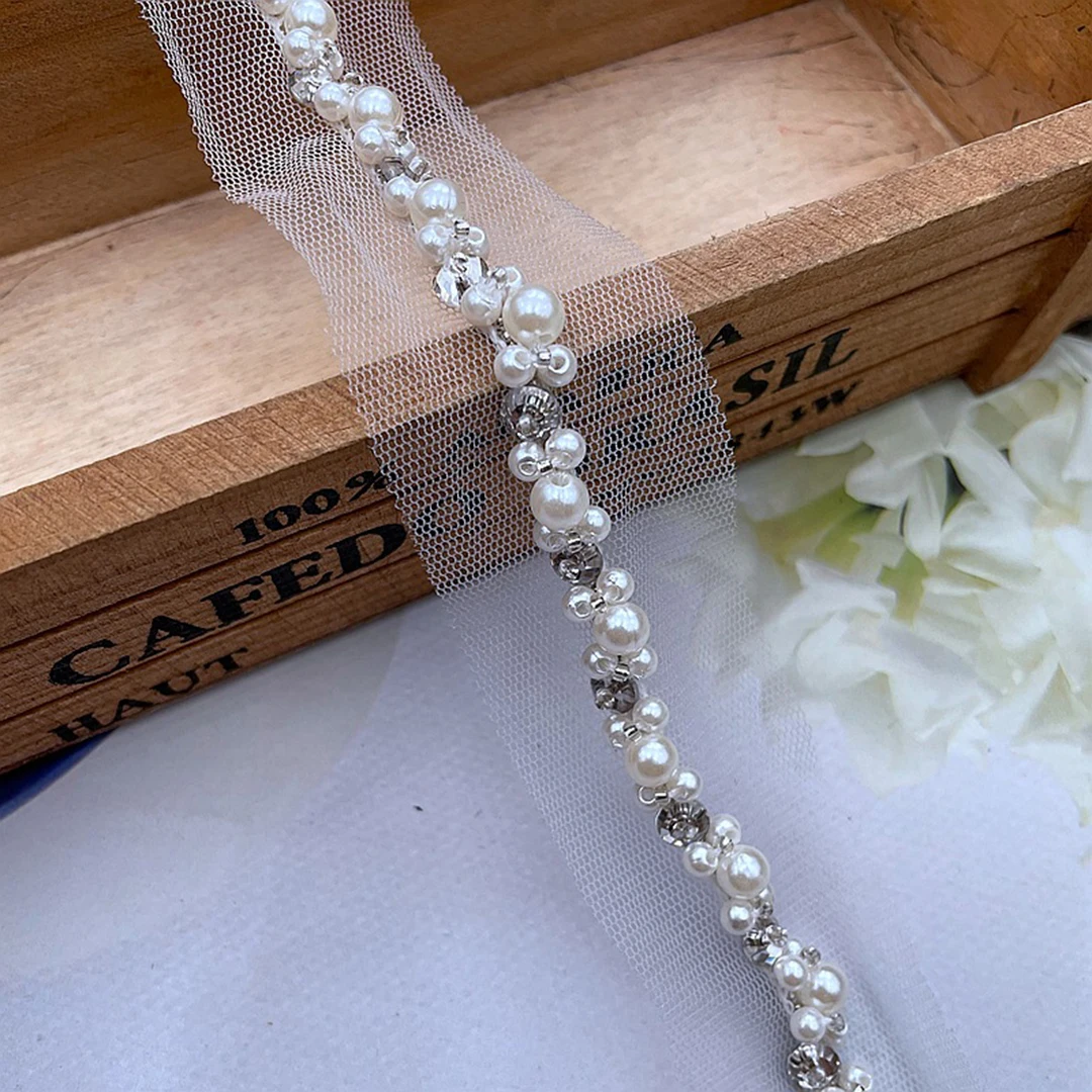 90cm Pearl Beaded Lace Trim Ribbon Garment Decoration Applique Trimming Rhinestone Tape DIY Sewing Fabric Material Accessories