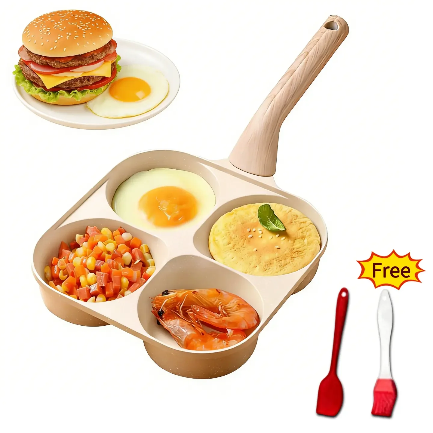 4 Hole Nonstick Stone Coating Frying Pan, Ergonomic Wooden Handle, Heat Insulated, Omelette Pan, for Small Meals