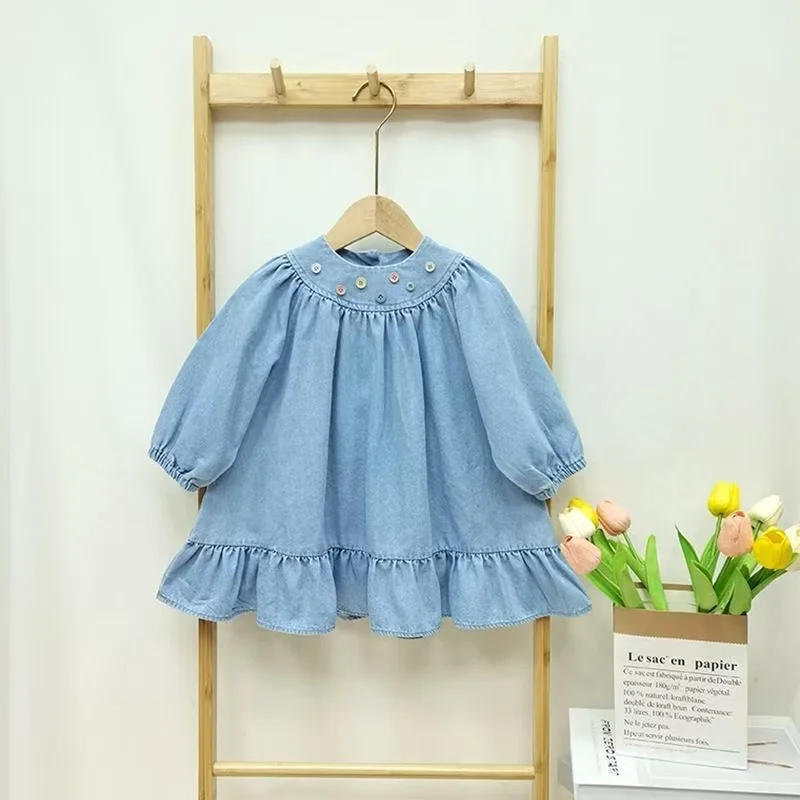 

Girls ins Spring New Korean Version Of the Denim Dress Colourful Buttons Loose Casual Cute Bubble Sleeve Skirt 80-130CM