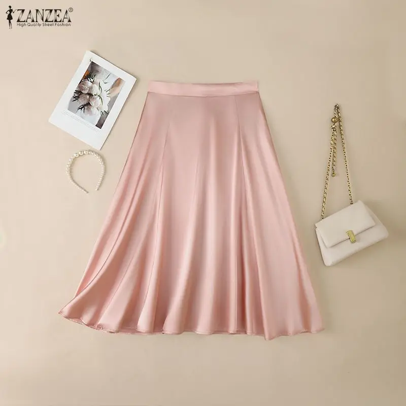 ZANZEA Elegant Satin A-Line Swing Midi Skirts for Woman High Waist Solid Color Evangelical Skirt with Back Zipper, Faldas Mujers