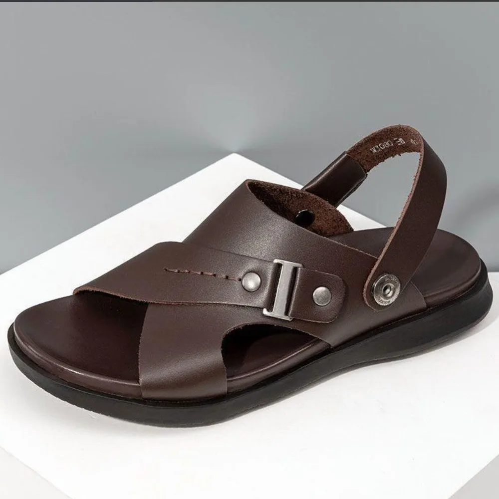

New Casual Beach Shoes for Men Summer Fashion Leather Sandals Male Solid Color Breathable Open-toe Slippers Man