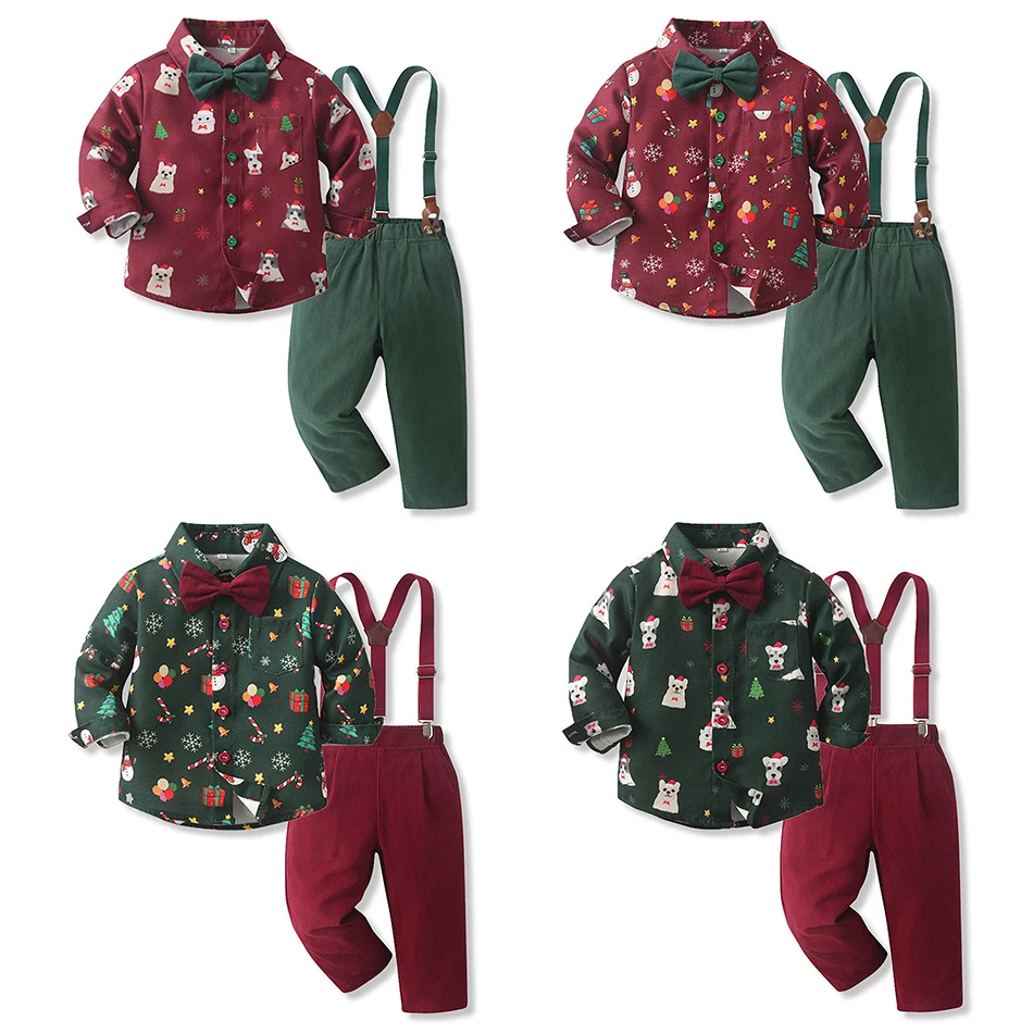 Christmas Cartoon Print Gentleman Long Sleeve Outfits Boys Festival Shirt Bow Overalls Suits Kids Xmas Party Formal Costumes Set