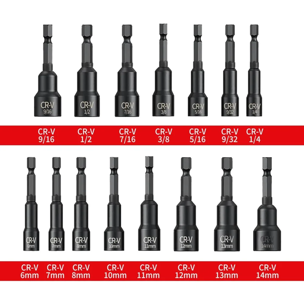 Impact Power Hex Nut Driver Drill Bit Master Kit, SAE & Metric,1/4-Inch Quick-Change Cr-V Steel 12/15PCS Magnetic Nut Driver Set