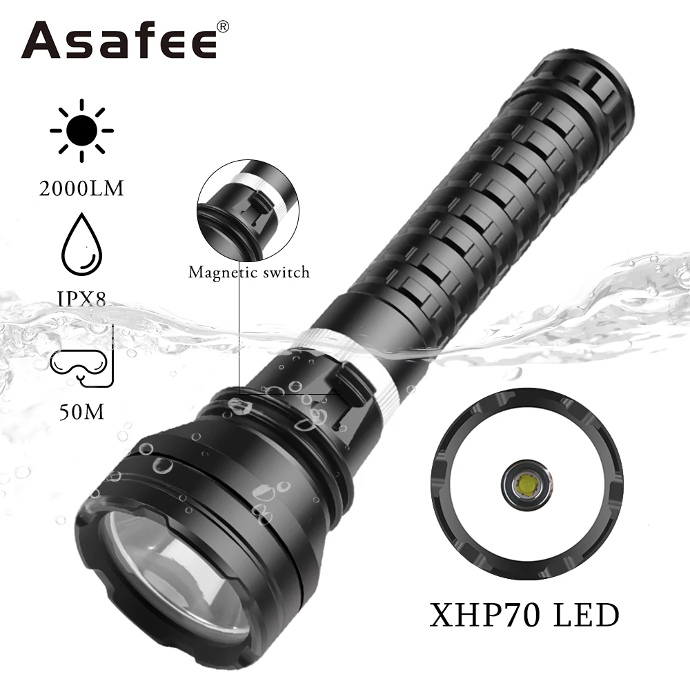 Asafee XHP70 LED 50M Underwater 2000LM 300M Range Diving Flashlight Magnetic Switch 1 High Light Mode Lamp IPX8 Waterproof