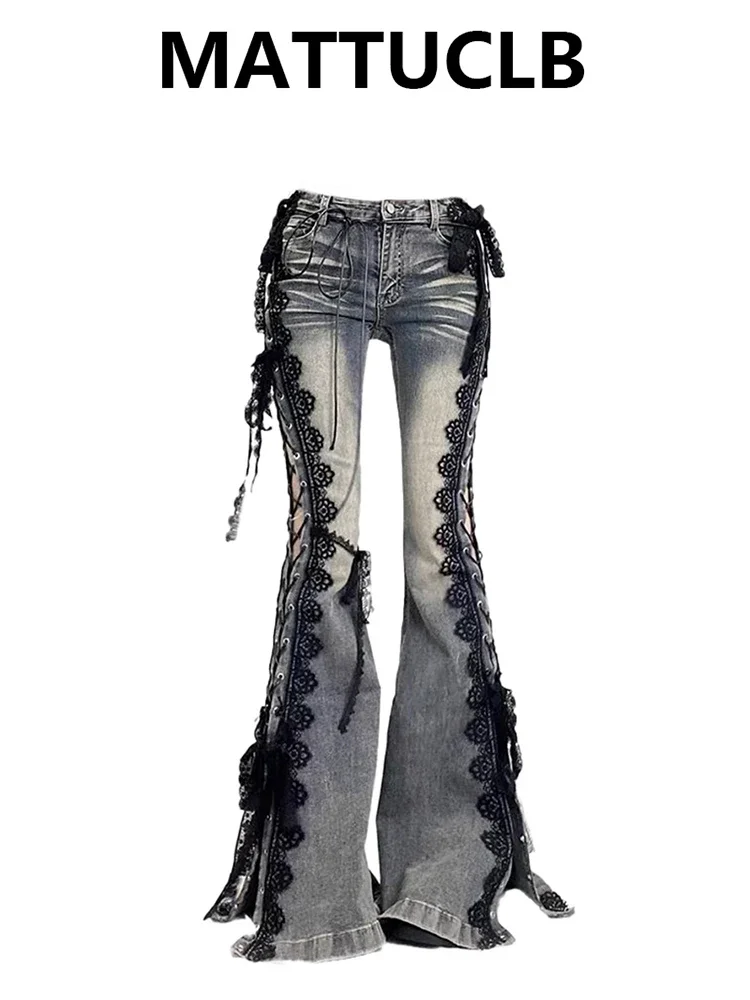 Women Y2K Low Rise Lace Denim Flare Pants Dark Academia Goblin Core Harajuku Bell-Bottom Japanese Goth Gyaru Kpop Jeans
