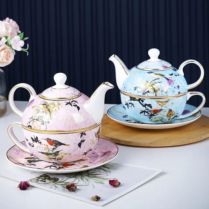 High-end Afternoon Tea Mug British Style Porcelain Coffee Cup European Painted Flower and Bird Bone China Teapot and Cup Set