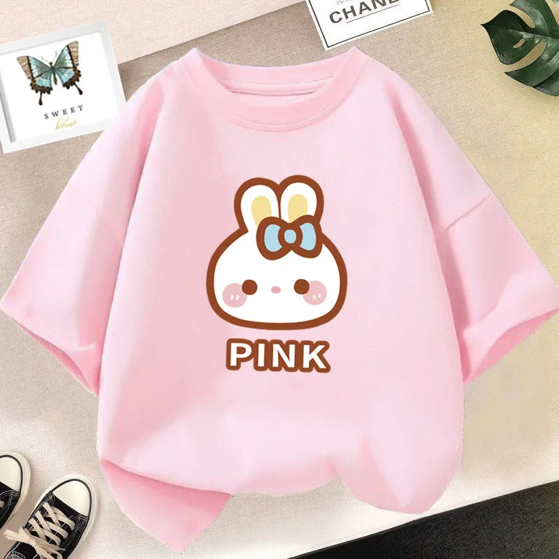 Girl Cute Rabbit Graphic Tshirt Short Sleeve Cotton T-Shirts For Baby Girl Cute Pink Color T-Shirts Children Summer Clothing