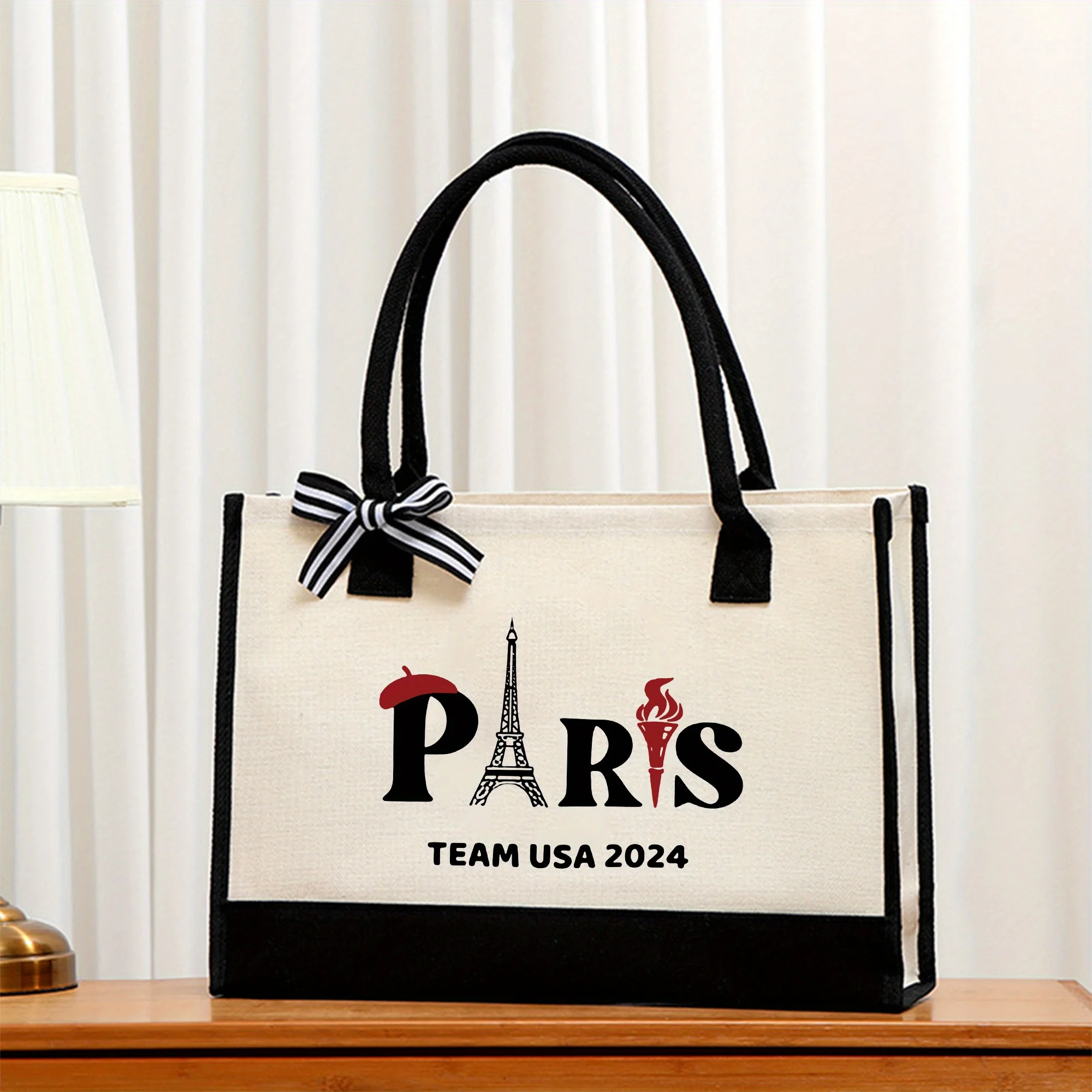 2024 Paris Torch Print Tote Bag Shoulder Shopping Bag Commemorative Collectibles Christmas Gift Canvas Travel Storage Handbag