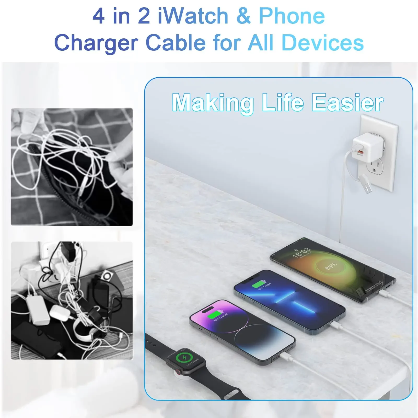 สายชาร์จข้อมูลแบบ4-in-2 USB สำหรับที่ชาร์จนาฬิกา iPhone สายแม่เหล็ก iWatch Type-C สายชาร์จเร็วคุณภาพสูง