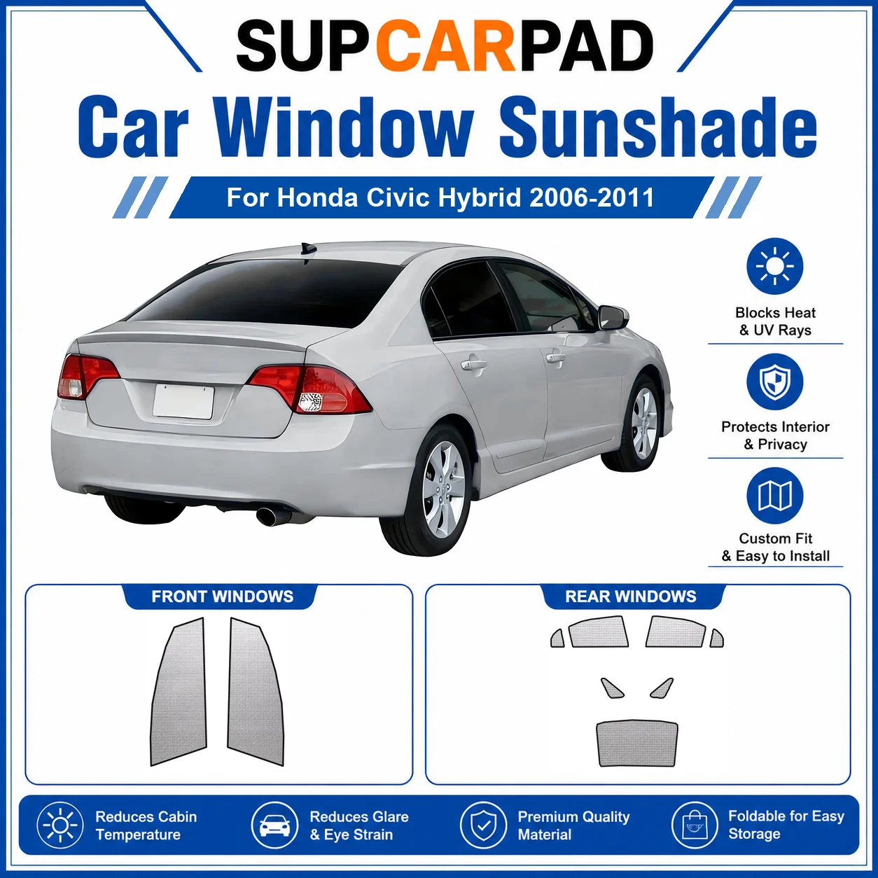 

For Honda - Honda Civic Hybrid 2006-2011 Full Set Car Window Sunshades UV Block Privacy Heat Insulated Foldable Car Curtain
