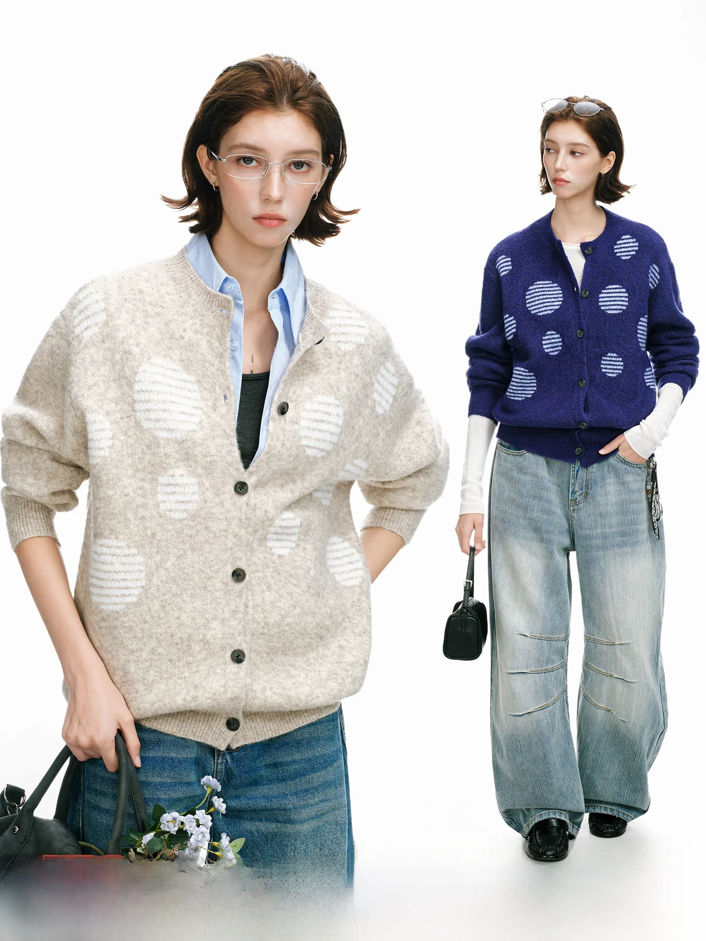 Dream Made Polka Dot Wool Blend Open Cardigan Knitwear Couple's Autumn Winter Floral Patterned Loose Fit Long Sleeve Sweater