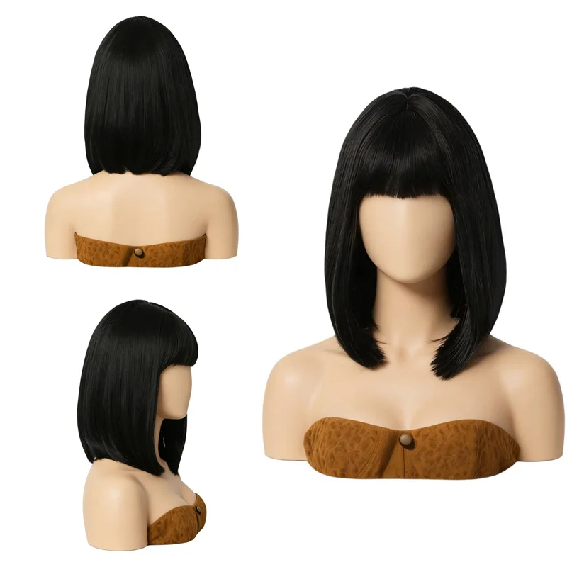 

14 Inch Full Volume Natural Black Straight Bob Wig with Bangs For Black Women Glueless Heat Resistant Synthetic Hair Daily Use