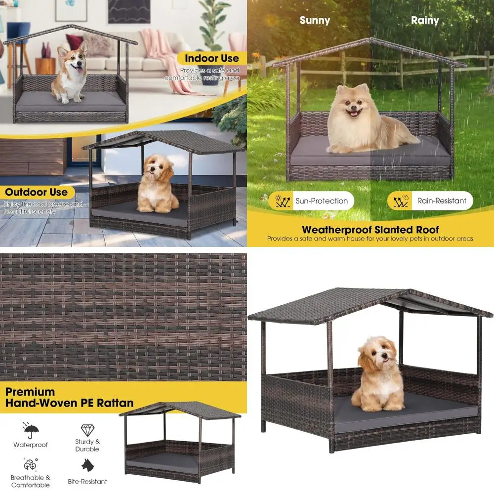 Elevated Rattan Dog Bed, Weatherproof Outdoor/Indoor Pet House with Removable Cushion for Small to Medium Dogs