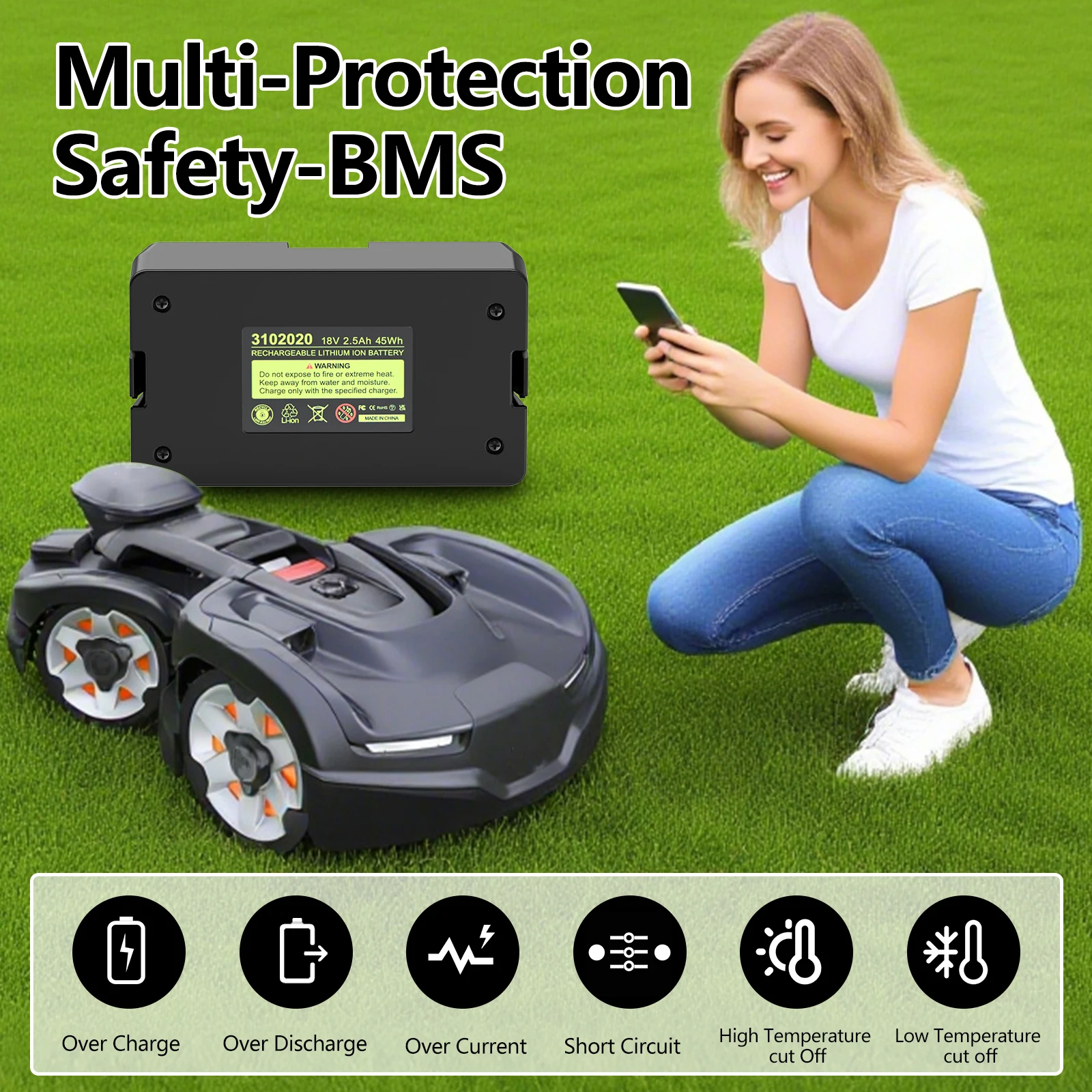 18V 2500mAh 45Wh Li-ion Replacement Battery for Husqvarna Automower Gardena Sileno Flymo Easilife McCulloch ROB Robotic Lawn Mower, Rechargeable Battery Pack with Smart BMS Protection