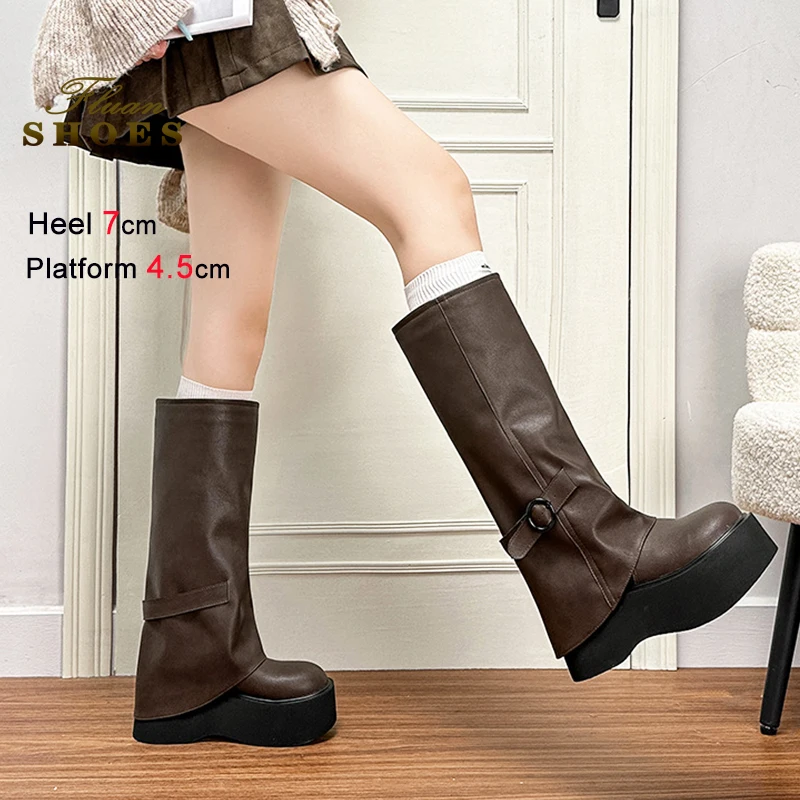 

Весенне-осенняя модная рыцарская обувь на толстой подошве, женские высокие сапоги до колена толщиной 7 см, брюки до колена в западном стиле, сапоги до колена
