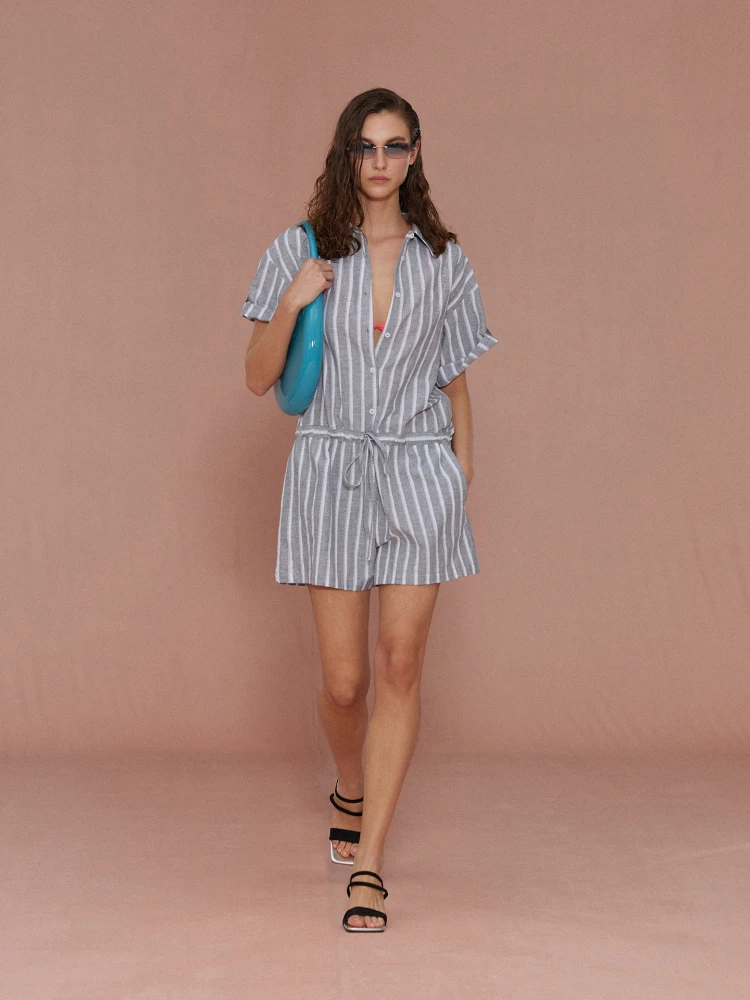 

Casual Loose Linen Stripe Overall Clothes Holiday Series Comfortable Jumpsuits Women's Fashion Summer Thin Straight Tube Pants