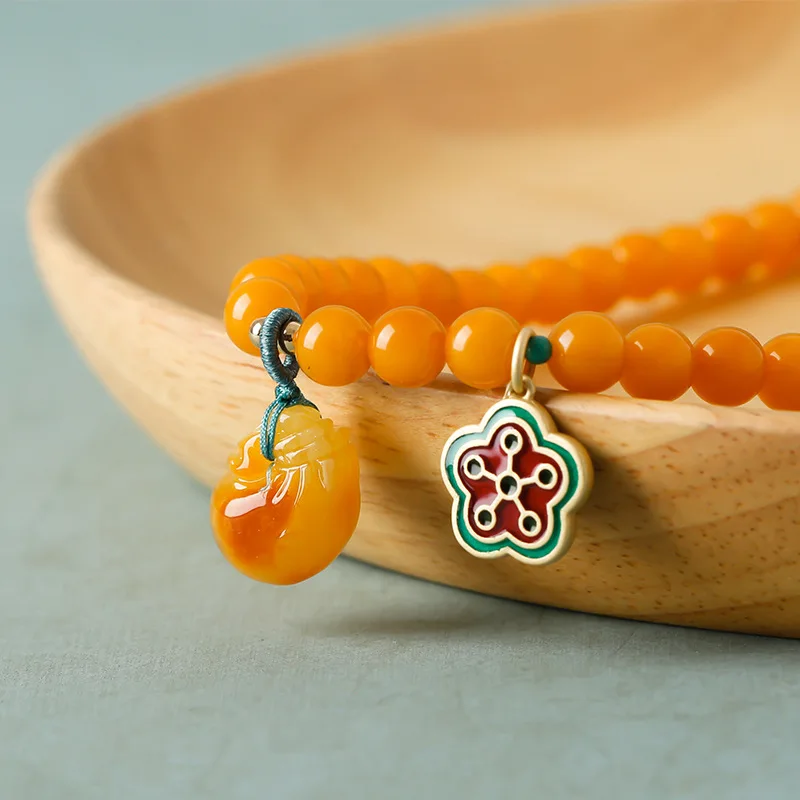 Women's Three-Circle 6mm Round Beads Old with Amber Money Bag Pendant Bracelet