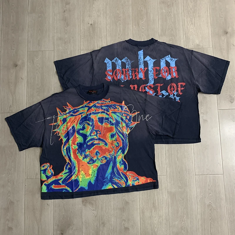26ss RARE PEACE T-Shirt Jesus Rhinestone Print American Oversized Washed Short Sleeve Hip Hop Streetwear Fashion Top Men