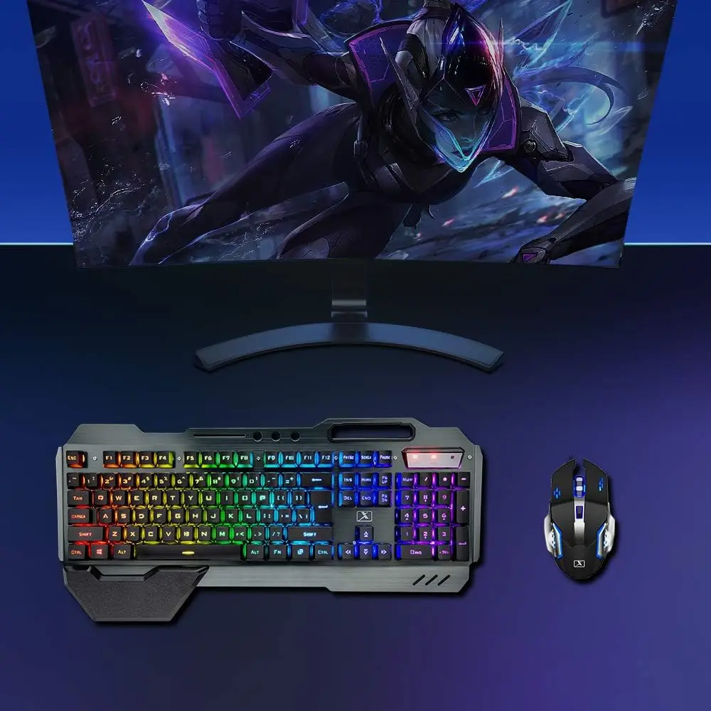 K680 Wireless Gaming Keyboard and Mouse Combo,Rainbow LED Backlit Keyboard with Rechargeable 3800mAh Battery Metal Panel