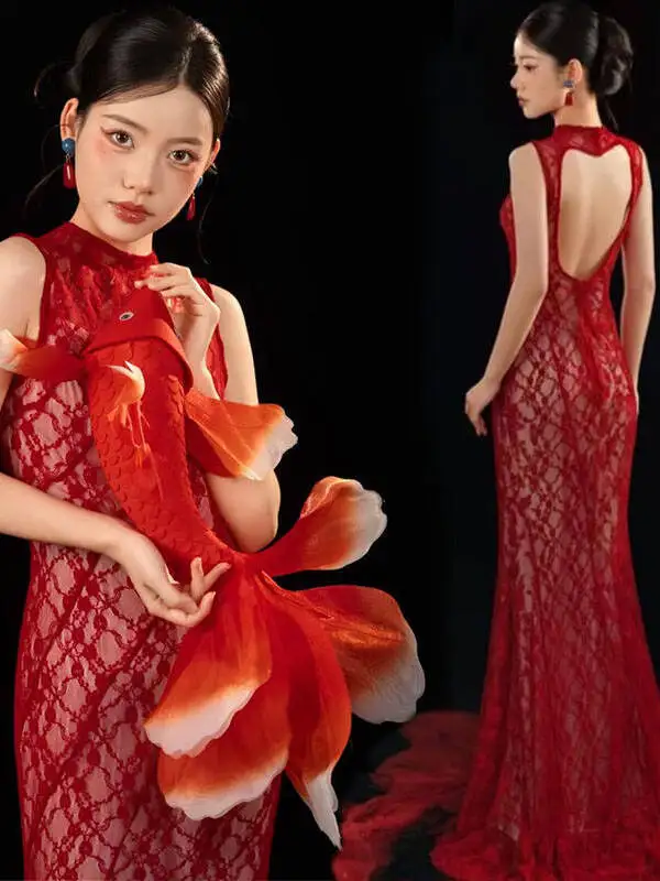 

Красное китайское свадебное платье-русалка без рукавов для помолвки, фотосессии в студии, высококачественный кружевной утренний халат