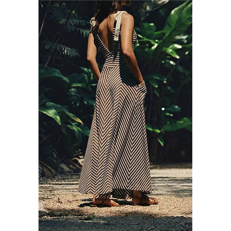 ABP-Abito estivo casual da donna con scollo a V a righe da spiaggia senza maniche, abito lungo fluido con tasche