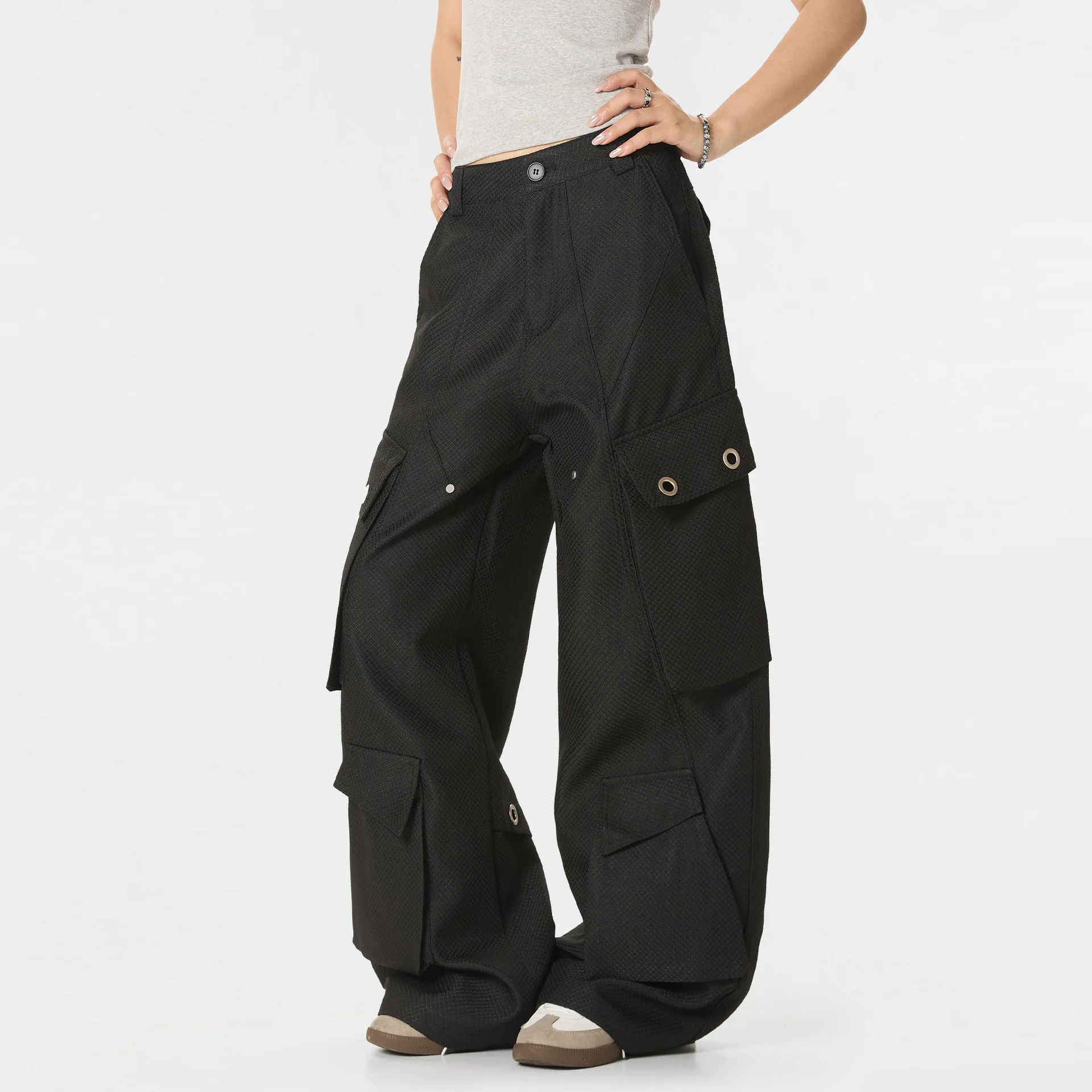 OR FL Texture Sensation Multiple Pockets Cannonball Pants Baggy Wide Leg Deconstruction Cargo Trousers Floor-length Pants Y2k