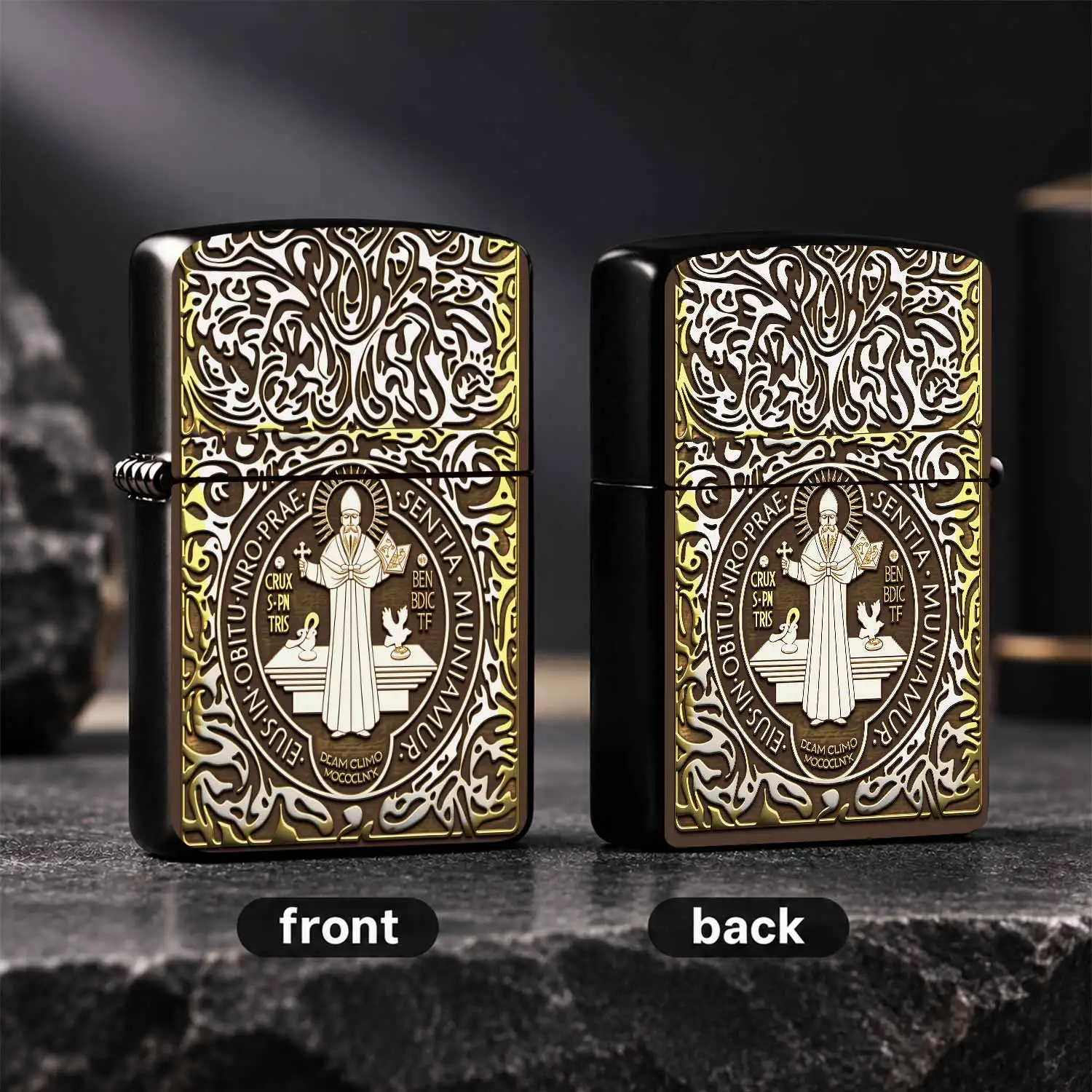 Vintage St. Benedict Engraved Lighter Ornate Carved Decorativeportable Daily Use Collectible Gift Multi-Scenario Adapted Exquisite Practical Commemorative Present   A Humorous And Interesting Lighter