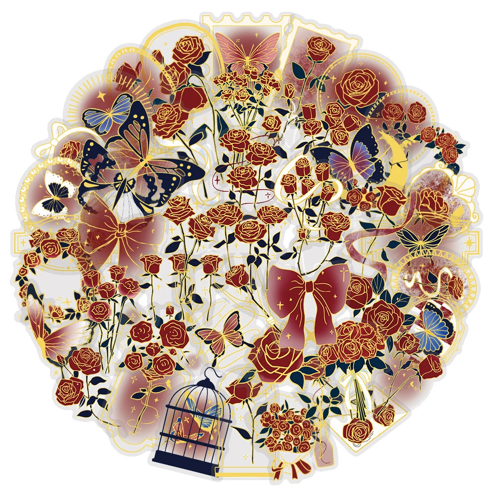 10/30/50 個透明ヴィンテージ金箔ローズステッカー美的 DIY 荷物電話ノートブック漫画蝶花デカールパック