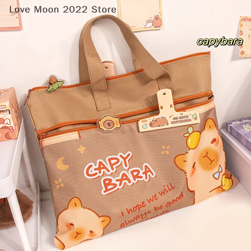 

Canvas Capybara Students Tutorial Bag Large-capacity With Zipper Tote School Packet School Office Supplies File Bag Student