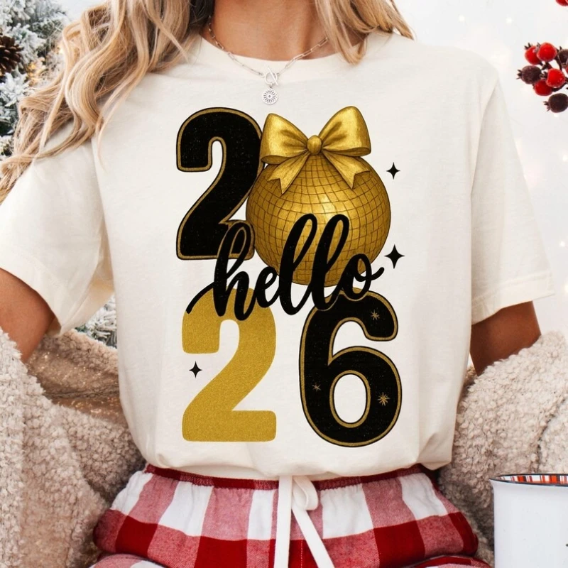 

Hello 2026 Disco Ball New Year Tee Stylish NYE Outfit Unisex High Quality Cotton Crewneck Casual Style Regular Short Sleeve