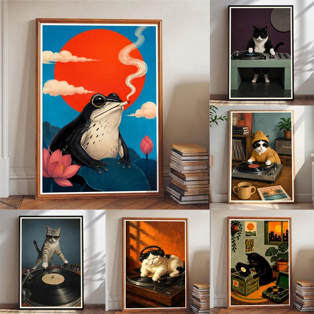 Cat DJ Art Print Funny Cat Wall Art Music Lover Poster Retro Turntable Poster Funny Cat Wearing Sunglasses Print Canvas Painting