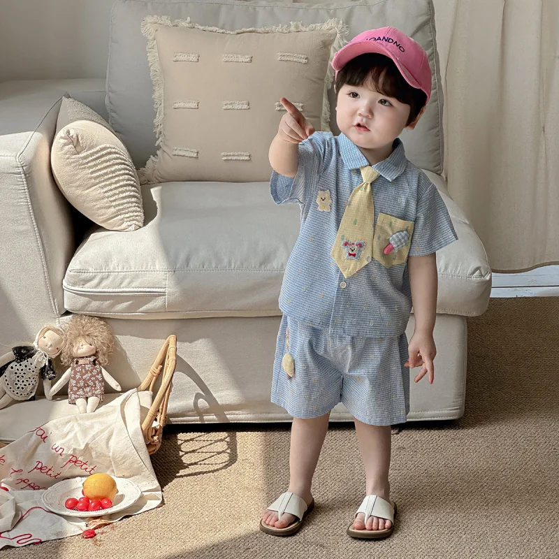 Boys' Summer Outfit Children's Cartoon Tie Shirt Three-Piece Set Separate Baby Clothes for One-Year-Old Boys Summer Wear