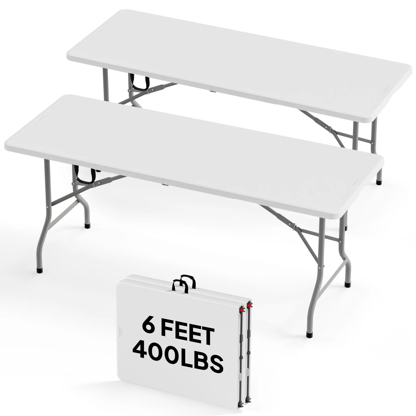 2P Folding Table 6ft, Portable Collapsible Plastic White Long Tables for Party, Camping, Banquet, Craft, Dining
