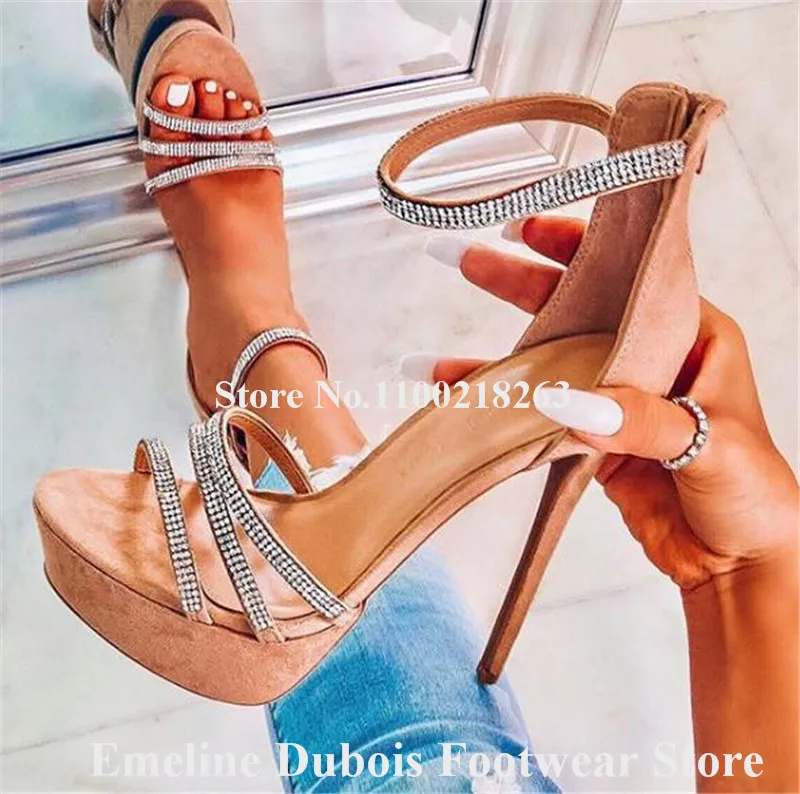 Blue Suede Platform Sandals Emeline Dubois Open Toe Bling Bling Rhinestones Straps Stiletto Heel Dress Shoes Crystals High Heels