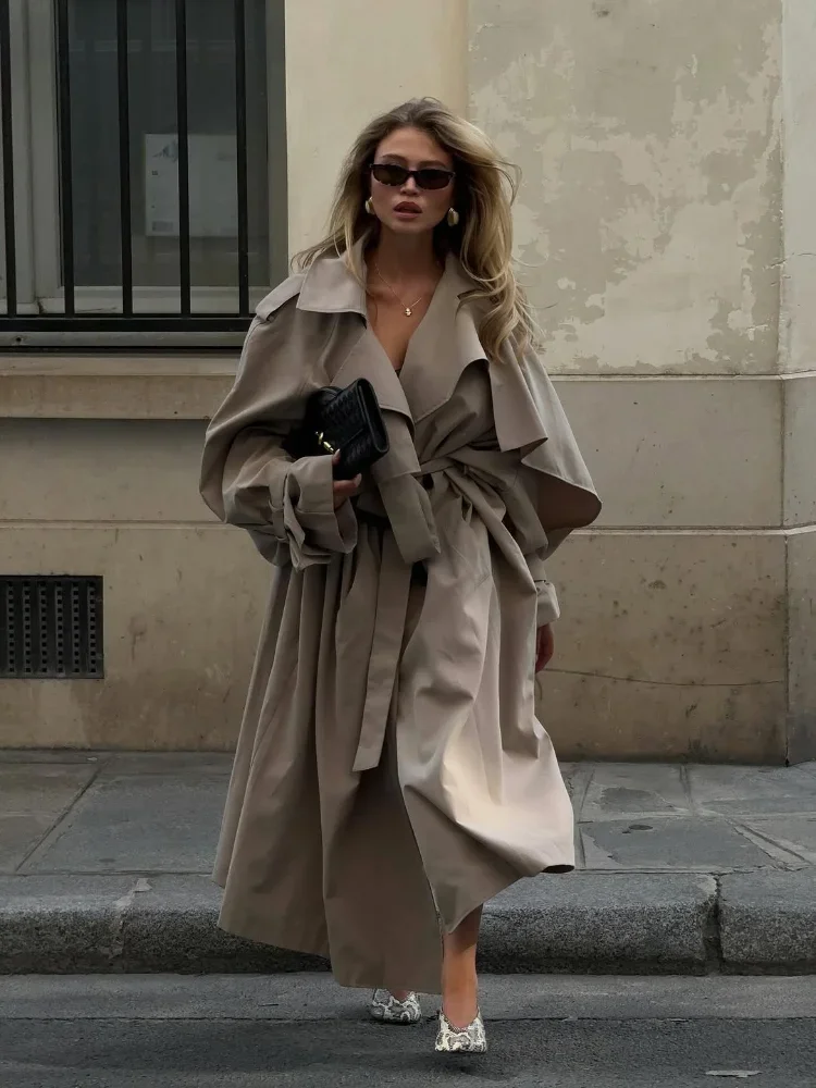

Women Casual Lace Up Long Trench Coat Chic Solid Color Full Sleeve Lapel Windbreaker 2025 New Fashion Loose Commute Jackets