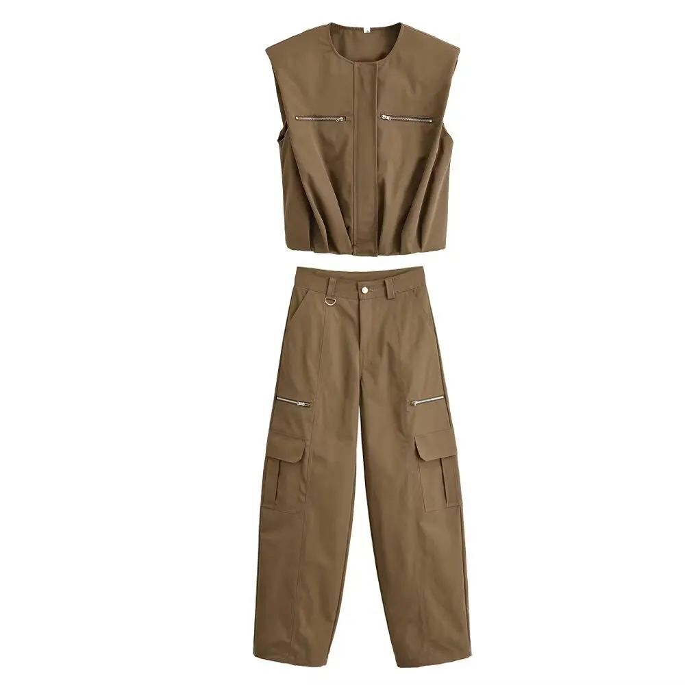 Cross-Border Fashion Women's Zipper Puffy Vest Cargo Pants with Pockets Workwear Style Summer Casual Organic Cotton Trousers