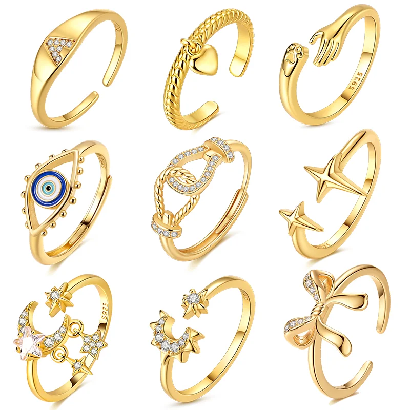 Original 925 Silber-Gold-Ring mit funkelnden Sternen, Mond und Palme, offene Ringe für Frauen und Mädchen, Schmuck, Geburtstag, Jahrestag, Verlobungsgeschenke